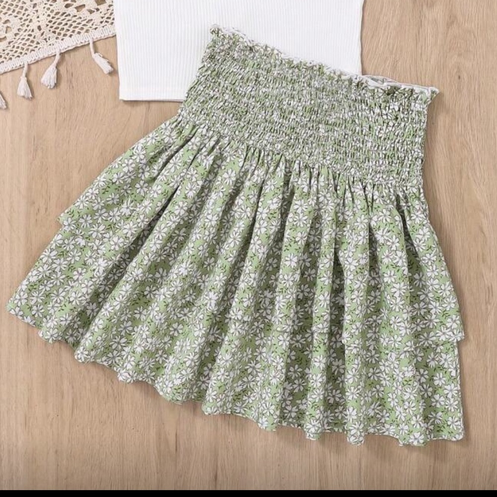 Green Floral Smocked Mini Skirt